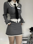 Fashion Knitted Suit Woman Y2k Crop Tops Sweater + Casual Shirt + Slim Bodycon Mini Skirt Korean 3 Piece Set