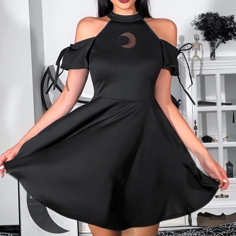 Frauen Gothic Sommerkleid mit hohem Kragen und Mondmotiv