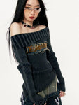 Edler Vintage Off-Shoulder Gothic Pullover mit Schriftzug