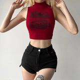 EGirl Tank Top Rot Hochkragen Minimales mit Grafikdesign