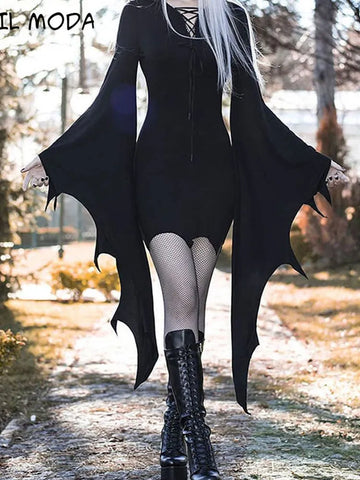 Vintage Gothische Hohe Taille Schwarzes Kleid Bat Ärmel