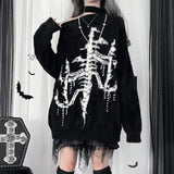 Oversized Gothic Pullover für Frauen mit Off-Shoulder und Skelett-Prin