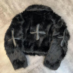 Damen Winterjacke im E-Girl-Stil mit Kreuz-Patches und Pelz