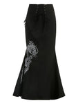 Drachenmotiv A-Linie Maxiskirt mit Spitze Schwarzer Gothic-Look für deinen alternativen Stil**