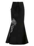 Drachenmotiv A-Linie Maxiskirt mit Spitze Schwarzer Gothic-Look für deinen alternativen Stil**