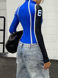 Top y2k Techwear Bodysuit Kontrast Stickerei Schwarz und Blau
