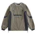 Techwear Patchwork Hoodie im khaki und grau mit dem Aufdruck "BOXXX