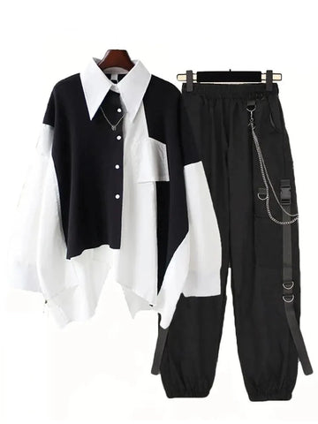 2PCS Women's Streetwear Outfits Loose Long Sleeve Pants 2 Piece Sets Korean Casual