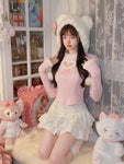 Rosa Kawaii-Lolita Pullover mit Herzdesign und Pelzbesatz