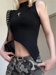 Schwarzes Crop-Top mit asymmetrischem Schnitt und Stern – Egirl Streetwear
