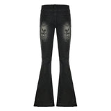 **H1: Distressed Flare Jeans mit floralem Muster – Low Rise Slim Denim für den alternativen Look der 2000er Jahre**