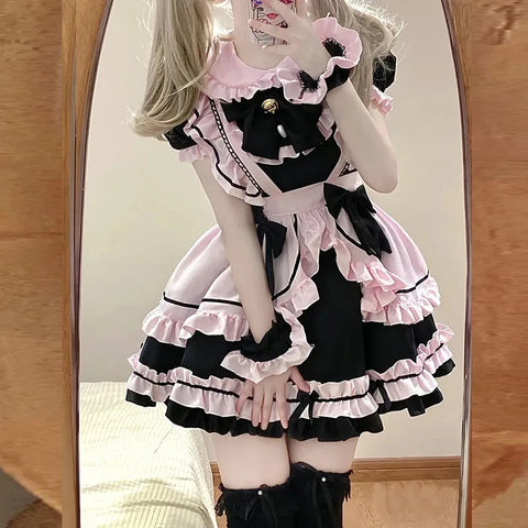 Kawaii Gothic Lolita Kleid Schwarz-Rosa Maid