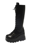 Gothic Mid-Calf Stiefel mit Keilabsatz und Schnürun