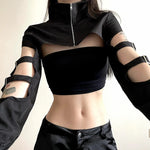 Trendiges Cyber Gothic Crop-Top mit Zipper und Cargo-Details