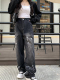 Y2K Stil Damen Schwarz Jeans mit Weitem Bein und Sternen-Print