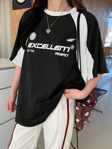 Oversized Y2k T-Shirt mit Kontrastfarben und Letter-Print