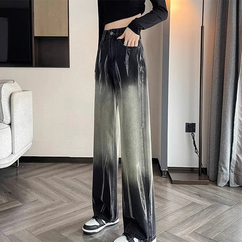 Viskose Tie-Dye Jeans für Frauen Weitbeine im Koreanischen Sti