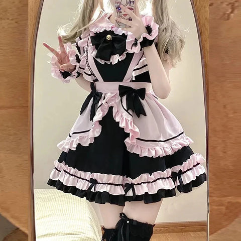 Kawaii Gothic Lolita Kleid Schwarz-Rosa Maid