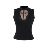 Sexy Gothic-Crop-Top mit schwarzem Kreuz auf Spitz