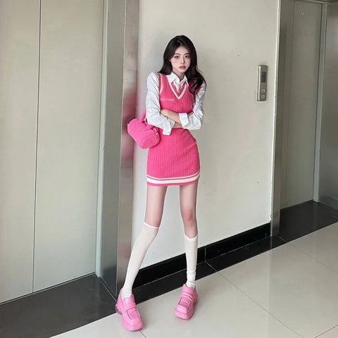 Y2k Clothes Pink Sweater Dress Set Cute Outfits For Women Two Piece Set 2 Pieces White Crop Top