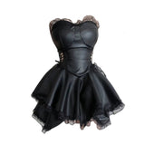 Gothic Leder Imitat schwarzes Ausschnitt-Kleid mit Puffärmeln und Spitze