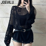 Hollow Knit Bluse Fühl dich im Gothic-Style luftiger Langarm-Pullover