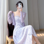 Weiße Soft-Girl-Sommerkleid mit violettem Blumenprint