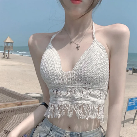 Damen Crop-Top mit Fransen im Koreanische-Strand-Look Sommerliches Stricktop