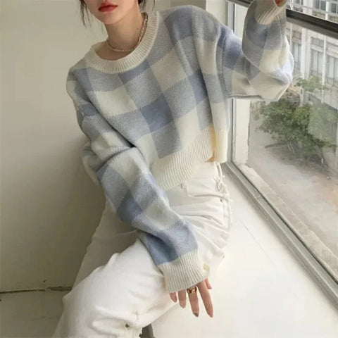 Karierter koreanischen Crop-Pullover mit O-Ausschnitt