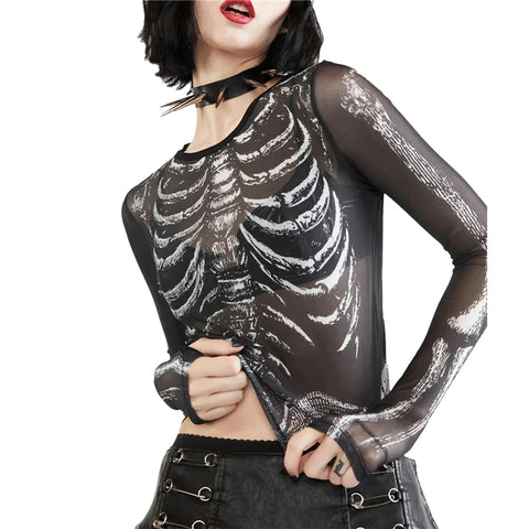 Gothic Langarmshirt mit Skelettmuster für Damen