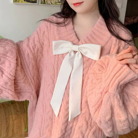 Kawaii Oversize Strickpullover mit SchleifeSüßer V-Ausschnitt