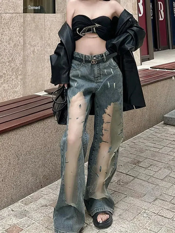 Sexy Mit Mesh-Einsätzen Gut Partielle Höhlener Jeans für den Kpop-Sti