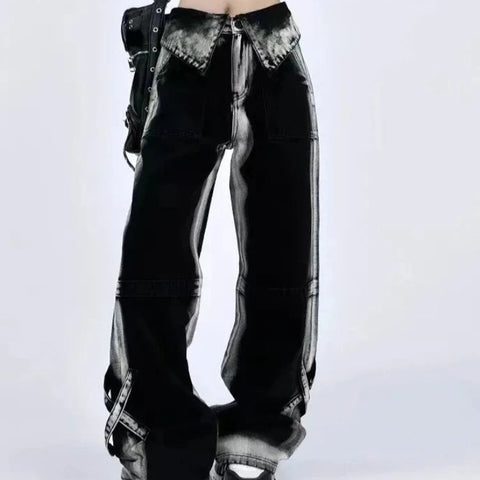 Kontrastfarbene High Waist Jeans für FrauenY2K Wide Leg Hosen