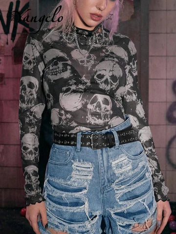 Gothic Skull Print T-shirt Female Y2K See Through