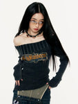 Edler Vintage Off-Shoulder Gothic Pullover mit Schriftzug