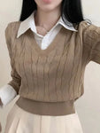 Koreanischer Crop-Pullover im Preppy-Stil mit Zwei-Lagen-Optik