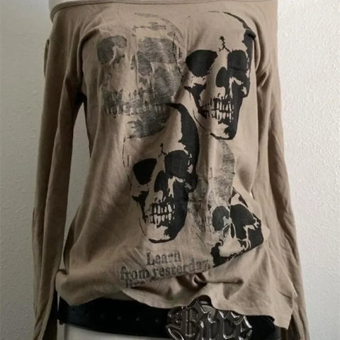 Gothic Skull-Print Oberteil im Y2K-Stil Einzigartige