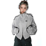 Cyber Y2K Silberne Jacke mit doppeltem Reißverschlus