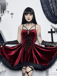 Gothic Samt Kleid mit SpitzenSpaghettiträgern und Schnürung