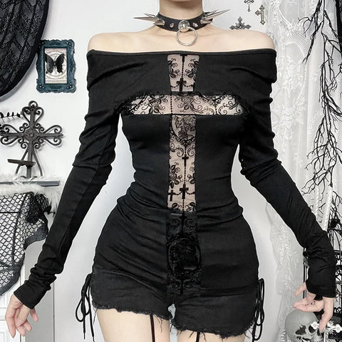 Cyber Goth Oberteil mit Spitzen Patchwork und Kreuzmotiv