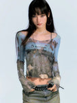 E-Girl Streetwear Transparentes Mesh-Top mit Print und Langarm