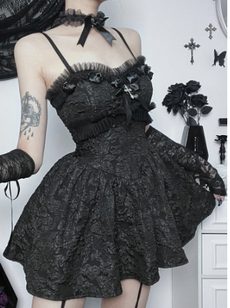 Gothic Emo Jacquard A-Linien-Kleider Elegant Rüschenbandage