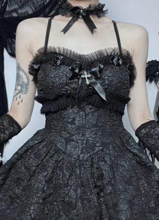 Gothic Emo Jacquard A-Linien-Kleider Elegant Rüschenbandage