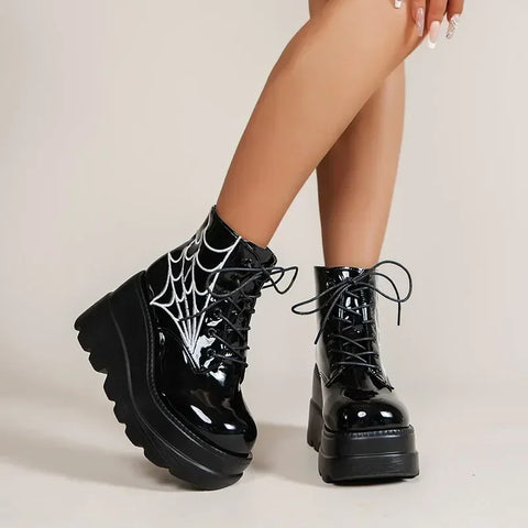 Gothic Spider Print Stiefeletten mit hohem Absatz