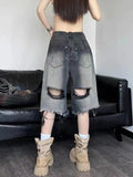 Y2K Denim Shorts für Frauen Gradient Jeans mit fransigen