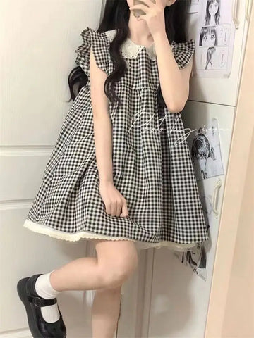 Neues kariertes Lolita Sommerkleid ohne Ärmel