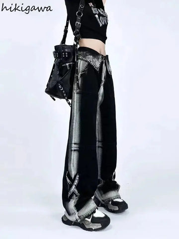 Kontrastfarbene High Waist Jeans für FrauenY2K Wide Leg Hosen