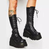 Gothic Mid-Calf Plattformstiefel mit Schnürung Chunky Hee