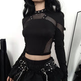 Gothic Crop-Top mit Netzärmeln und Halsband-Detail