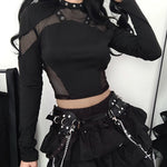 Gothic Schwarzes Crop Top mit durchsichtigen Mesh-Einsätzen und vollem Ärmel